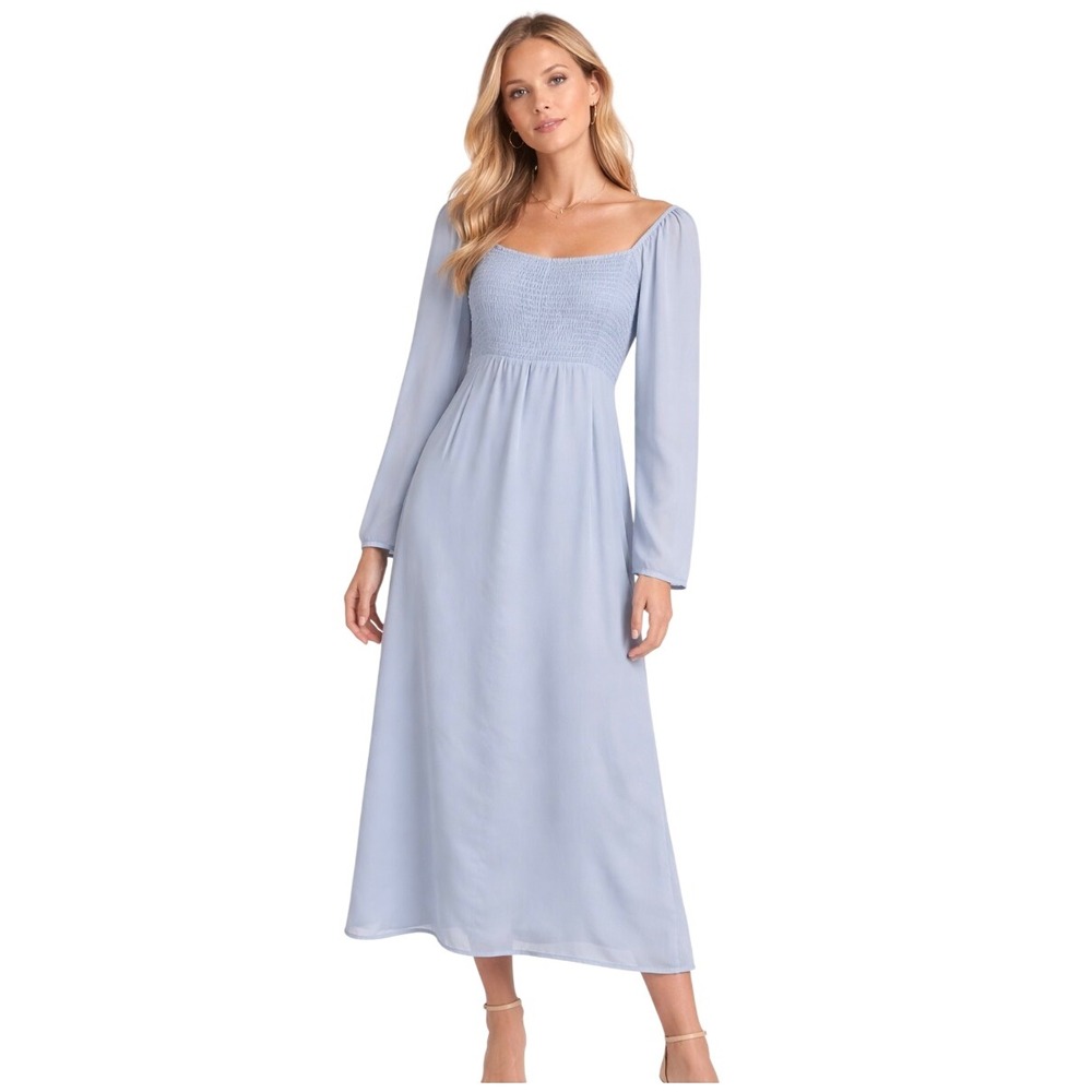 Smocked Square Neck Midi Dress in Light Blue